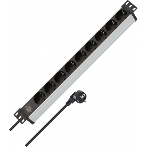 Alu-Line 19" extension socket for cabinets 9-way alu/black 2m H05VV-F 3G1,5, without switch